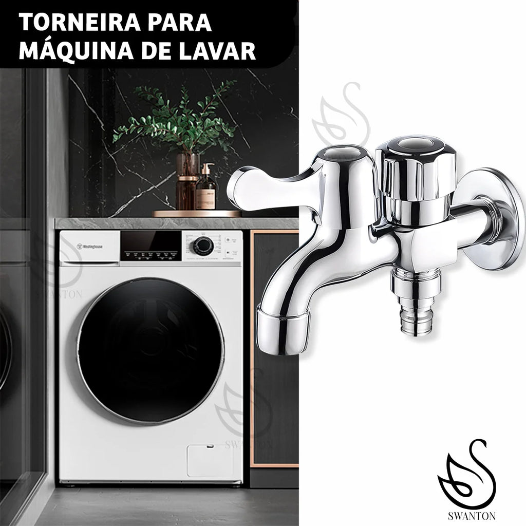 Torneira Tanque Máquina Lavar Roupa Metal 2 Saídas 1/4 Traseira